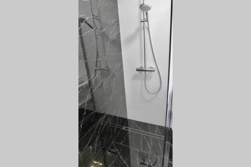 a bathroom with a shower with a glass door at Wilanów Apartment close to Town Hall and Palace in Warsaw