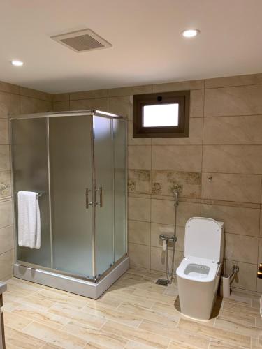a bathroom with a toilet and a glass shower at Luxury fully furnished villa ڤيلا مؤثثة in AlUla