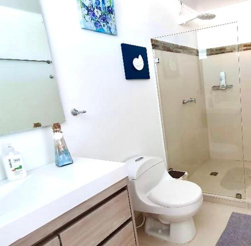 a white bathroom with a toilet and a shower at CASA ENEIDA -SAN ANDRES ISLA in San Andrés