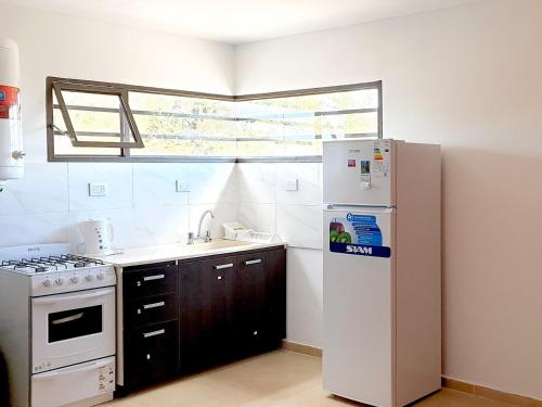 a kitchen with a white refrigerator and a sink at DON FRANCISCO Cabañas Boutique in San Rafael