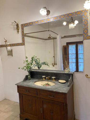 a bathroom with a sink and a large mirror at Don Aniceto - Suites de Campo in Luján