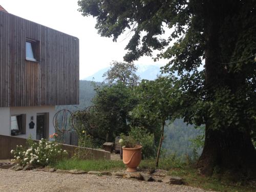 a pot sitting next to a house with a tree at Südalpen Lofts in Bleiburg
