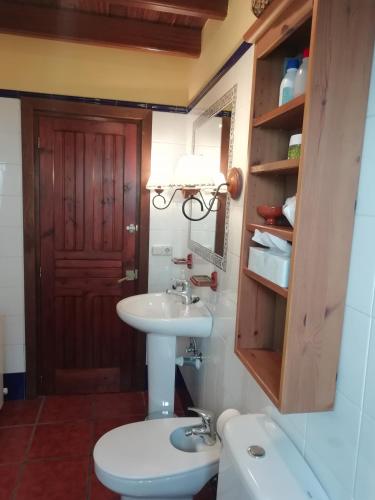 a bathroom with a sink and a toilet and a mirror at Casa El Prado de la Romia in Argüero