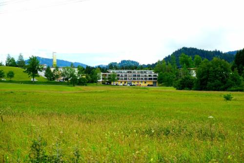 a large green field with a building in the background at Ferienwohnung BergOase mit Pool & Sauna in Scheidegg