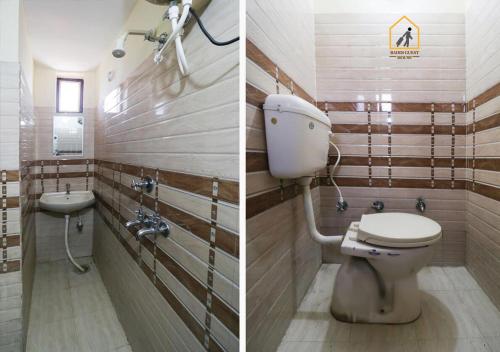 Duas fotografias de uma casa de banho com WC e lavatório. em Baddi Guest House em Baddi