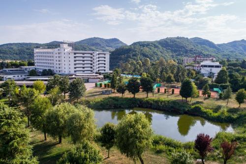 a city with a lake and mountains in the background at Hotel Terme Marconi in Montegrotto Terme