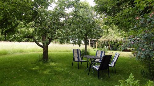 a table and chairs under a tree in a yard at Landhaus Oberrainer in Bad Griesbach