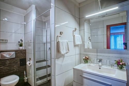 バーデン・バーデンにあるホテル アルテ ラテルンのバスルーム(シャワー、洗面台、トイレ付)
