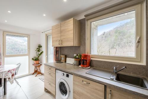 une cuisine avec un évier et une machine à laver dans l'établissement Maison confortable proche du parc national du Mercantour., à La Bollène-Vésubie