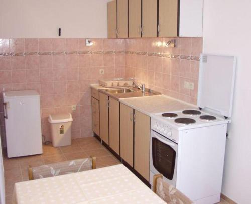 a small kitchen with a stove and a sink at Apartments Mira 1434 in Lun