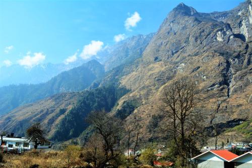 a view of a mountain with trees and houses at Rufina Lachung de'CROWN in Lachung