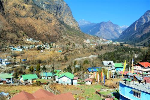 a small town in a valley with mountains in the background at Rufina Lachung de'CROWN in Lachung
