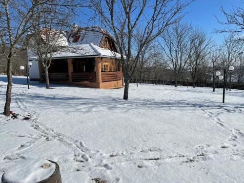 a log cabin in the snow with a fence at Seosko domaćinstvo Bondžulić in Užice