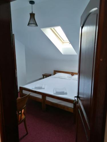 a bedroom with a bed and a skylight at Pensiunea Valea Pinului in Rau Sadului
