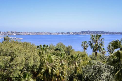 - une vue sur une grande étendue d'eau avec des palmiers dans l'établissement Côte d’Azur Sea View Tennis Beach Access, à Vallauris