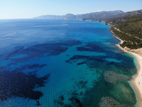 an aerial view of a beach and the ocean at Club Esse Cala Gonone in Cala Gonone