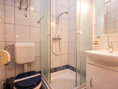 a bathroom with a shower and a toilet and a sink at Apartments Grivičić in Krapanj