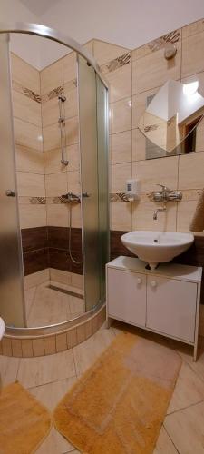 a bathroom with a shower and a sink at Penzión Korzo in Štúrovo