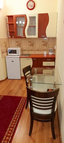 a kitchen with a glass table and chairs in it at Penzión Korzo in Štúrovo