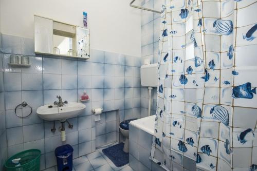 ein blau-weißes Bad mit einem WC und einem Waschbecken in der Unterkunft Apartment Vili in Pinezici