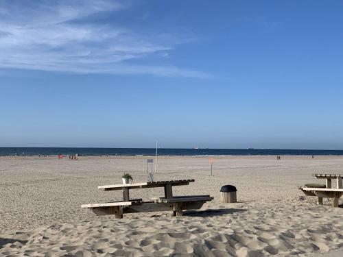 a group of picnic tables on the beach at Duindoorn 45 in IJmuiden