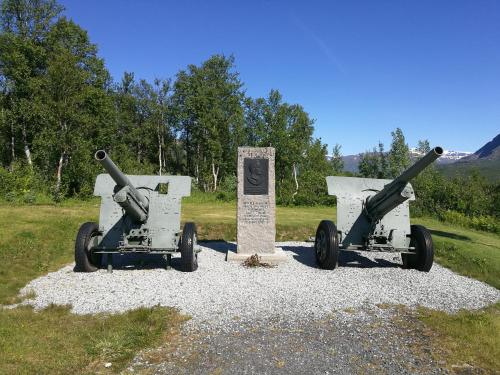 two cannonys on display in a field at Lapphaugen Turiststasjon in Tennevoll