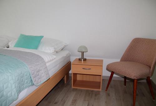 a bedroom with a bed and a chair and a nightstand at Harzer Finnhütte in Elbingerode