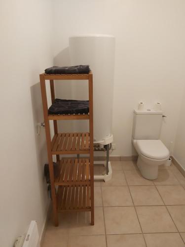 a bathroom with a toilet and a shelf with towels at Hébergements Sylvain in Neuilly-lʼÉvêque