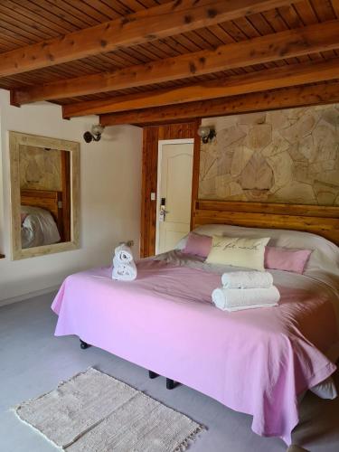 a bedroom with a large pink bed with a mirror at Linaje Hotel Boutique & Relax in Lago Puelo