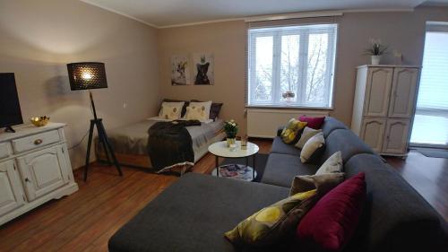 a living room with a couch and a bed at Apartamenty NOVA na Krakowskiej No 1 in Bielsko-Biala
