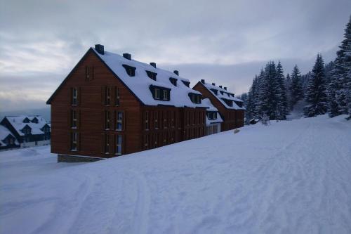a large wooden building in the snow with trees at Apartmán Horní Mísečky - luxusní ubytování pro dvě rodiny s dětmi in Horni Misecky