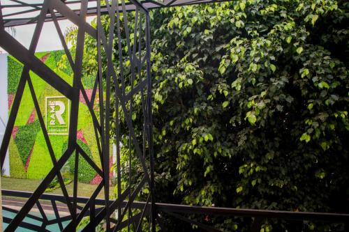 a large green bush with a sign in front of it at Ramë Hotel Boutique in Guadalajara