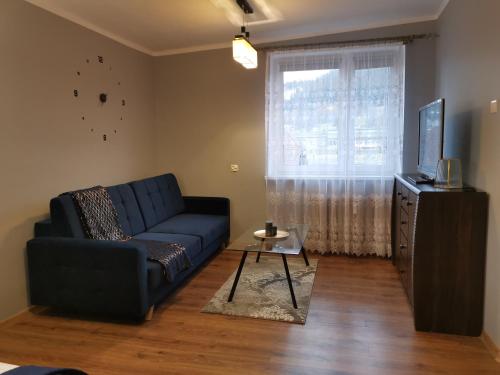 a living room with a blue couch and a television at Przystanek Ustrzyki in Ustrzyki Dolne