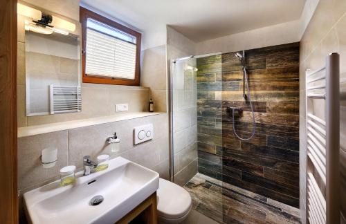 a bathroom with a toilet and a sink and a shower at Chalet Jasná Wellness Apartment Maxim jacuzzi & sauna in Demanovska Dolina