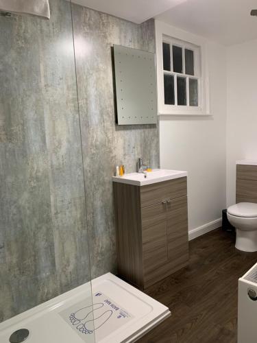 a bathroom with a shower and a sink and a toilet at Castle Hotel in Devizes