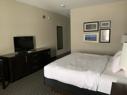 a hotel room with a bed and a flat screen tv at La Quinta by Wyndham Billings in Billings