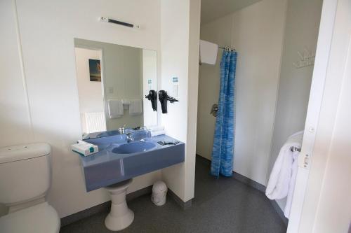 a bathroom with a blue sink and a toilet at The Bay Motel in Half-moon Bay