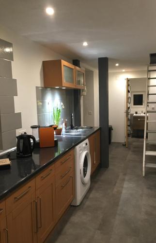 une cuisine avec une machine à laver sur un comptoir dans l'établissement Le coin américain, à Horbourg-Wihr