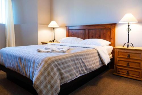 ein Schlafzimmer mit einem Bett mit einer Decke und 2 Lampen in der Unterkunft Chalet panoramique (unité du bas) : Spa, vue et Massif in Petite-Rivière-Saint-François