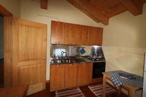 a kitchen with wooden cabinets and a sink at Residenza d'Epoca Albergo Grimani in Ampezzo