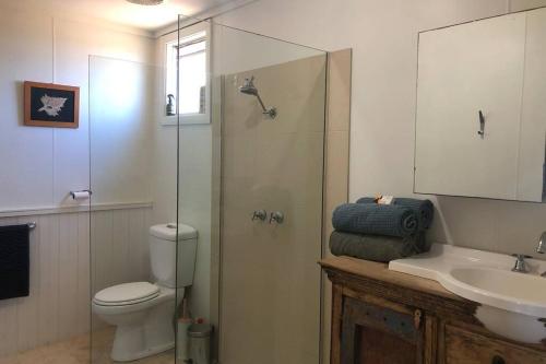 ein Badezimmer mit Dusche, Toilette und Waschbecken in der Unterkunft Twilight Cottage in Esperance