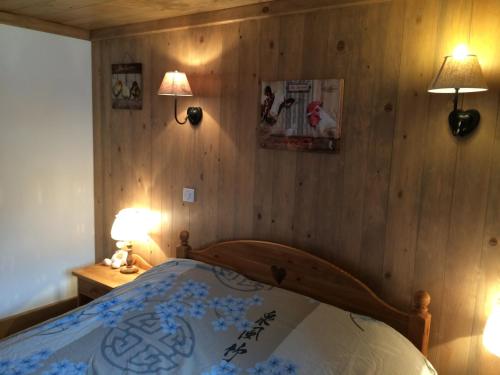 Chambre d'hôte de l'Auguille في ميجيف: غرفة نوم بسرير وجدران خشبية ومصباحين