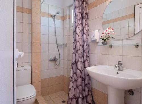 W łazience znajduje się umywalka, toaleta i prysznic. w obiekcie House Aggeliki w mieście Kalamítsi