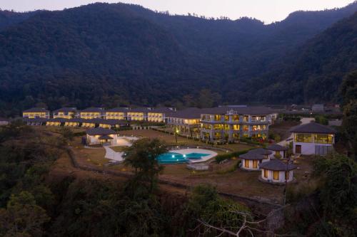 an aerial view of a resort in the mountains at Mountain Glory Forest Resort in Pokhara