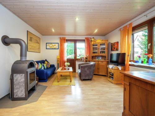 a living room with a woodburning stove in a room at Apartment in Werratal with terrace in Großalmerode