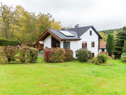 a white house with a green yard at Apartment in Werratal with terrace in Großalmerode