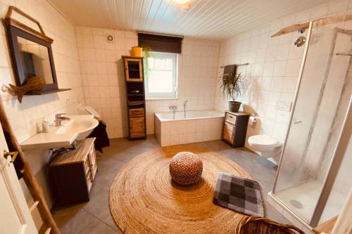 a bathroom with a sink and a toilet and a shower at Gemütliche Landhaus Wohnung auf dem Ponyhof - Himmelbett, Kamin & Garten in Ortenberg