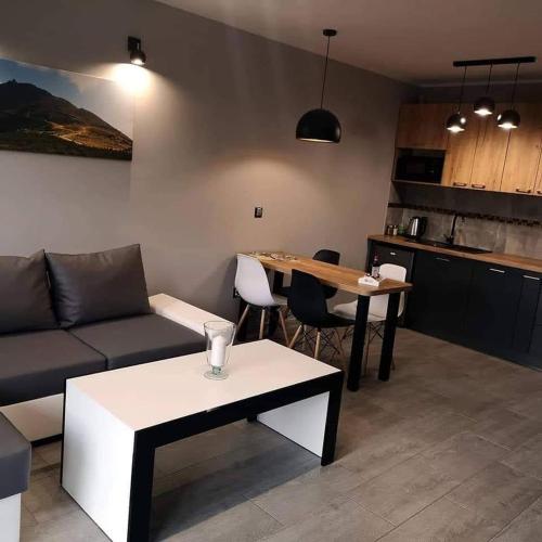 a living room with a couch and a table at Apartamenty Malinówka pod Śnieżką in Kowary