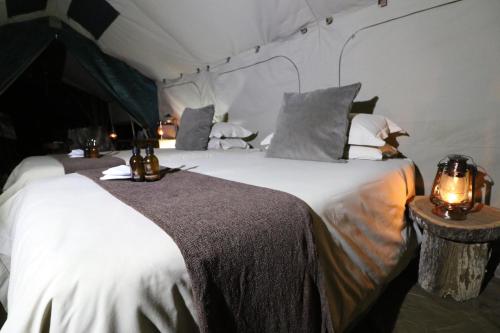 Sable Creek Safari Lodge في تزانين: غرفة نوم بسرير ابيض كبير ومصباحين