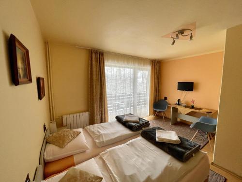 a hotel room with two beds and a window at Dom Wczasowy Anna in Rabka